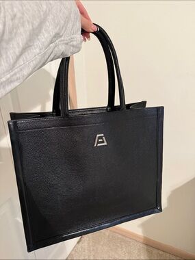 Alara Black Leather Tote with Silver Emblem